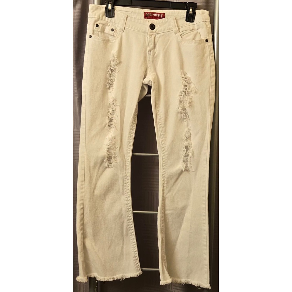 Red Rivet White Distressed Flare Jeans Low Rise Ripped Raw Hem 30x28 Size 7